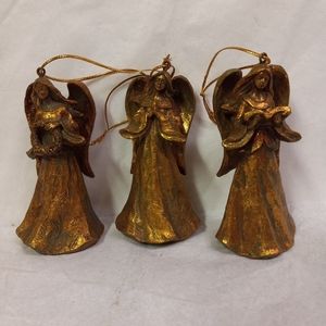 SET 3 Angel Cherubs Gold Glittered Ornaments Caroling 4" Free Standing